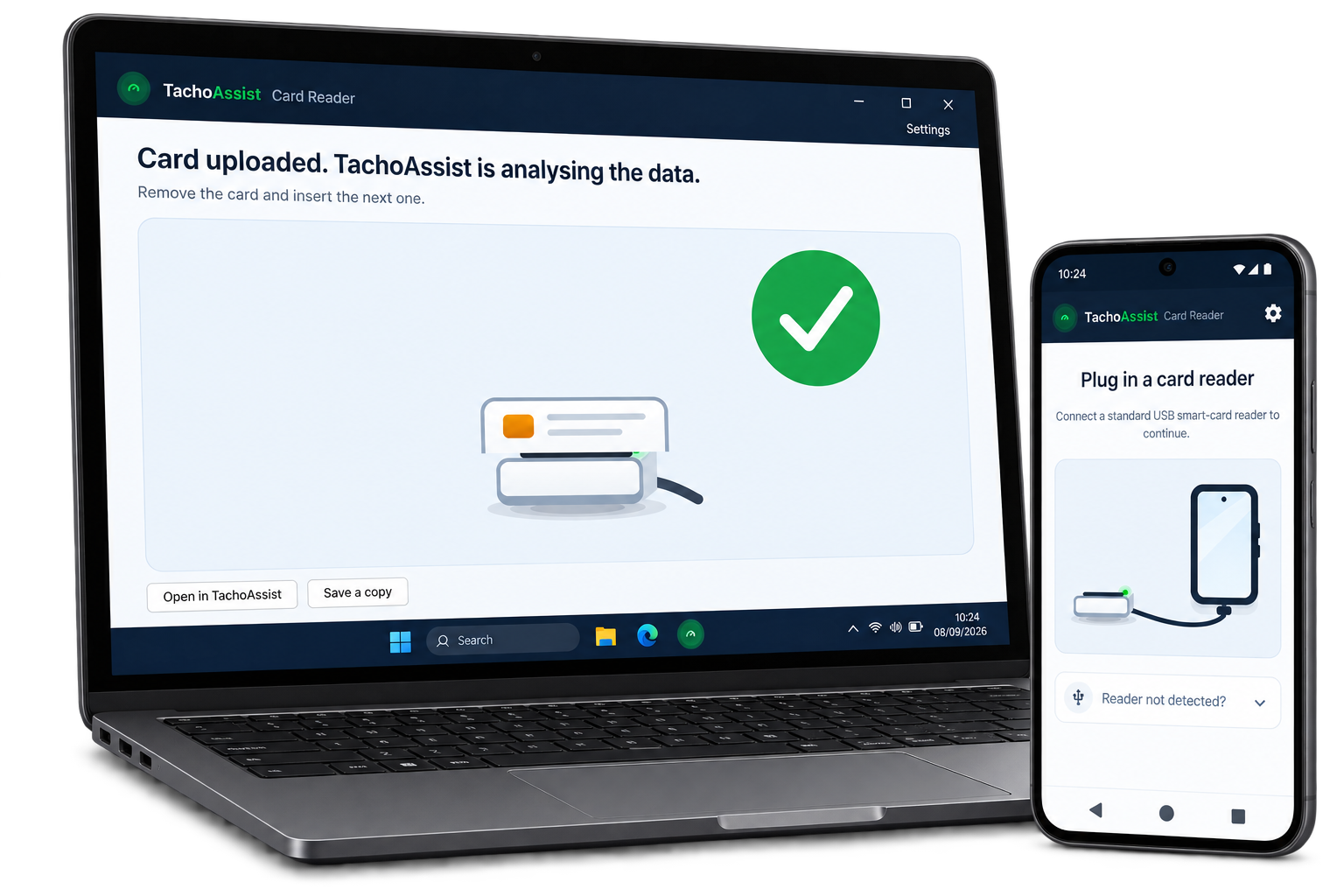 TachoAssist Kortläsare på en Windows-laptop och en Android-telefon
