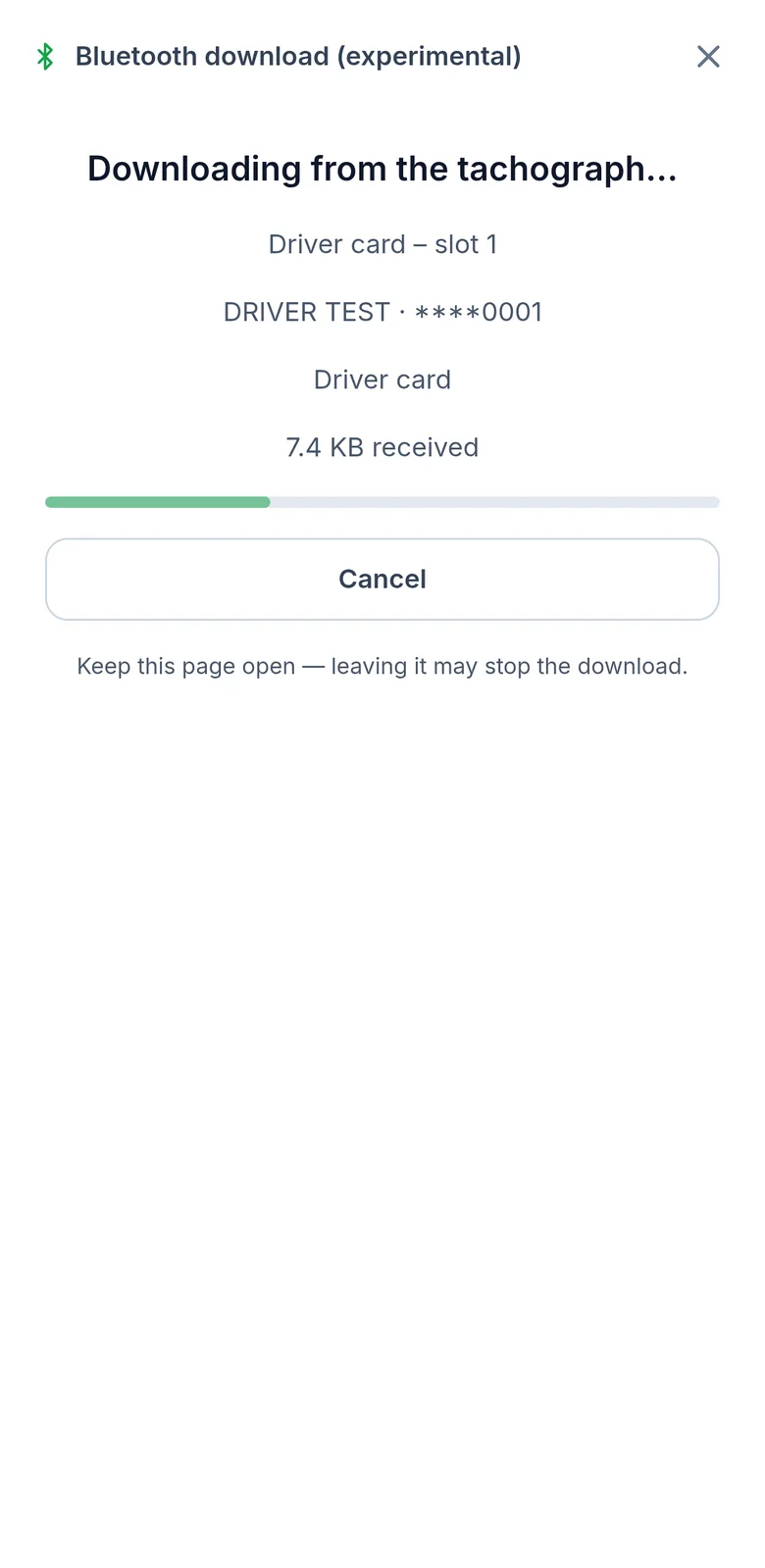 TachoAssist Driver v telefonu: prenos voznikove kartice iz tahografa z vrstico napredka
