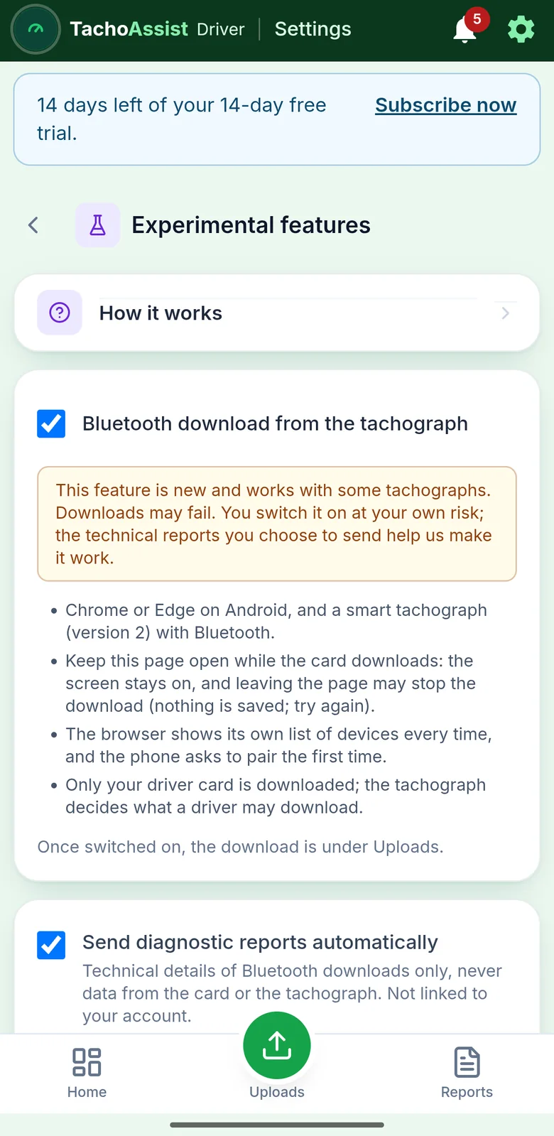 TachoAssist Driver v telefonu: Settings, Experimental features in stikalo za prenos prek Bluetootha z opombo in omejitvami