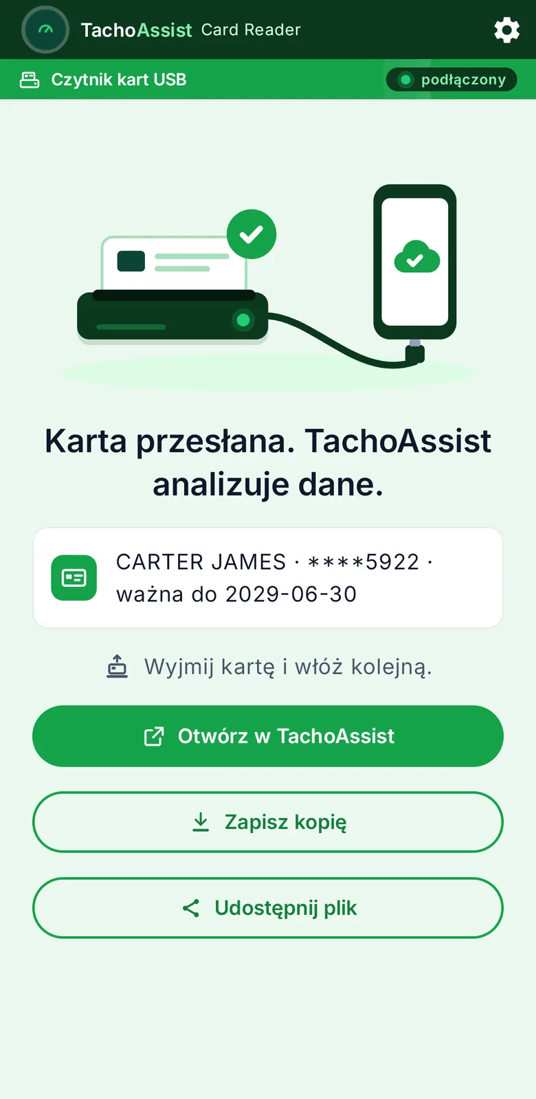 TachoAssist Card Reader na telefonie z Androidem