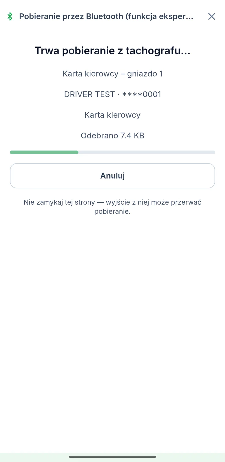 TachoAssist Driver na telefonie: pobieranie karty kierowcy z tachografu, z paskiem postępu