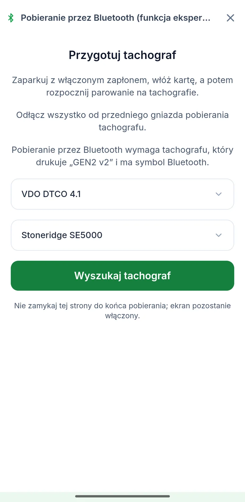 TachoAssist Driver na telefonie: Przygotuj tachograf, ze zwiniętymi krokami producentów i przyciskiem Szukaj tachografu