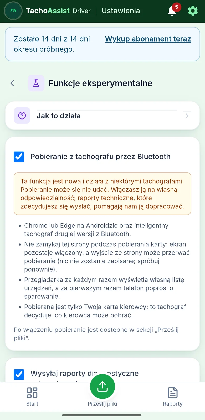 TachoAssist Driver na telefonie: Ustawienia, Funkcje eksperymentalne i przełącznik pobierania przez Bluetooth z informacją o funkcji i jej ograniczeniach