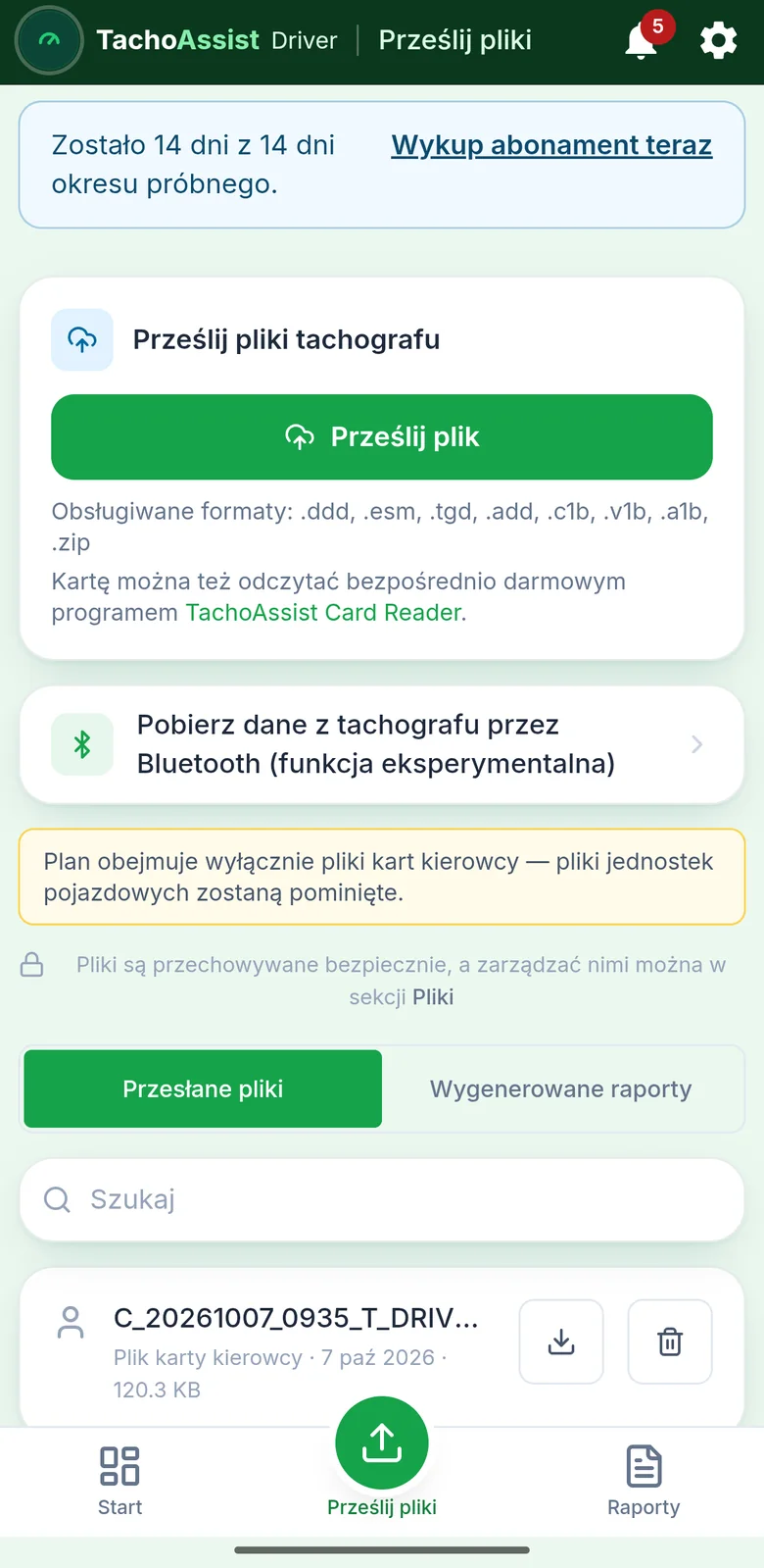 TachoAssist Driver na telefonie: ekran Prześlij pliki z wierszem Pobierz z tachografu przez Bluetooth (funkcja eksperymentalna)