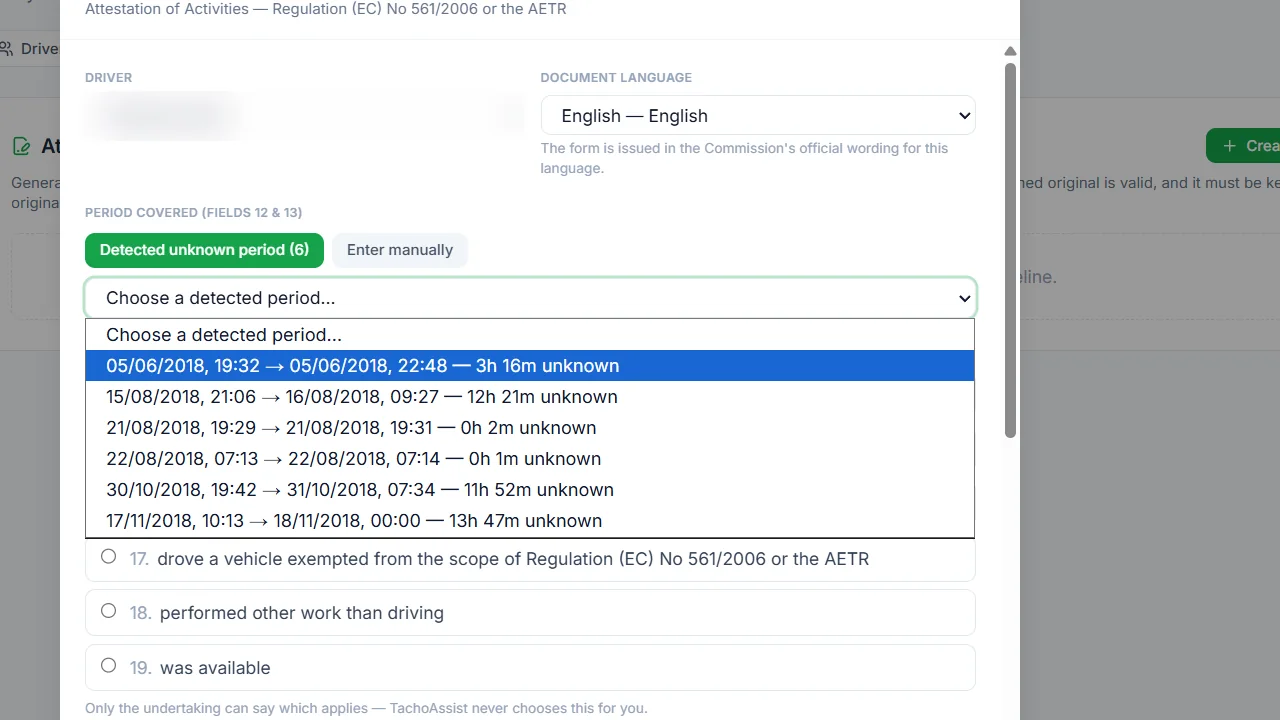 Unknown tachograph activity period detected for attestation review