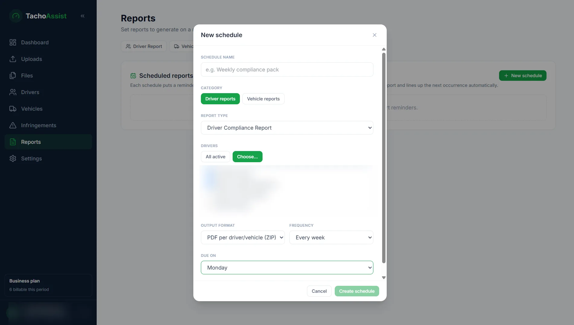 Scheduled Reports configuration for recurring driver and vehicle report reminders