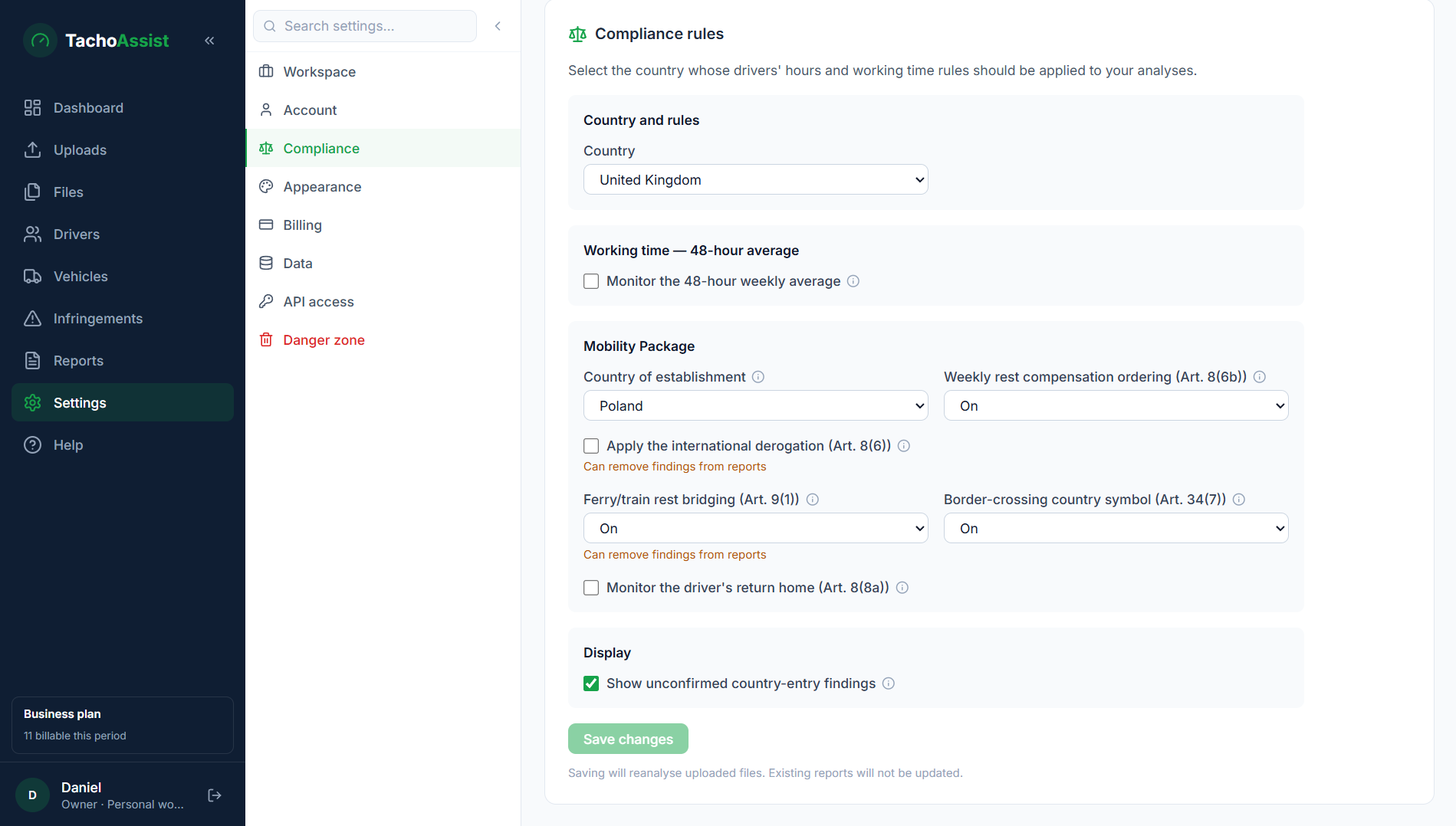 TachoAssist compliance settings for country-specific rules, Working Time and Mobility Package checks