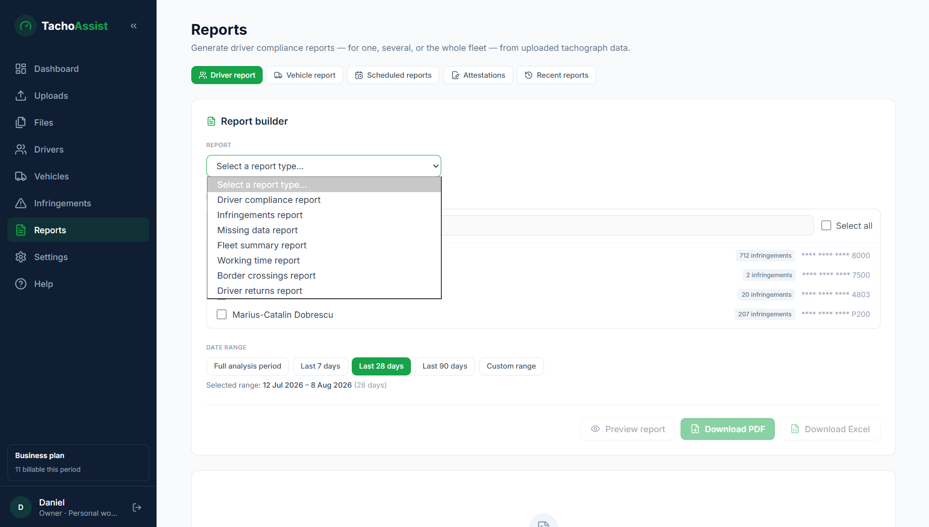 TachoAssist driver report builder with compliance, infringement, missing-data, fleet, Working Time, border-crossing and return-home reports