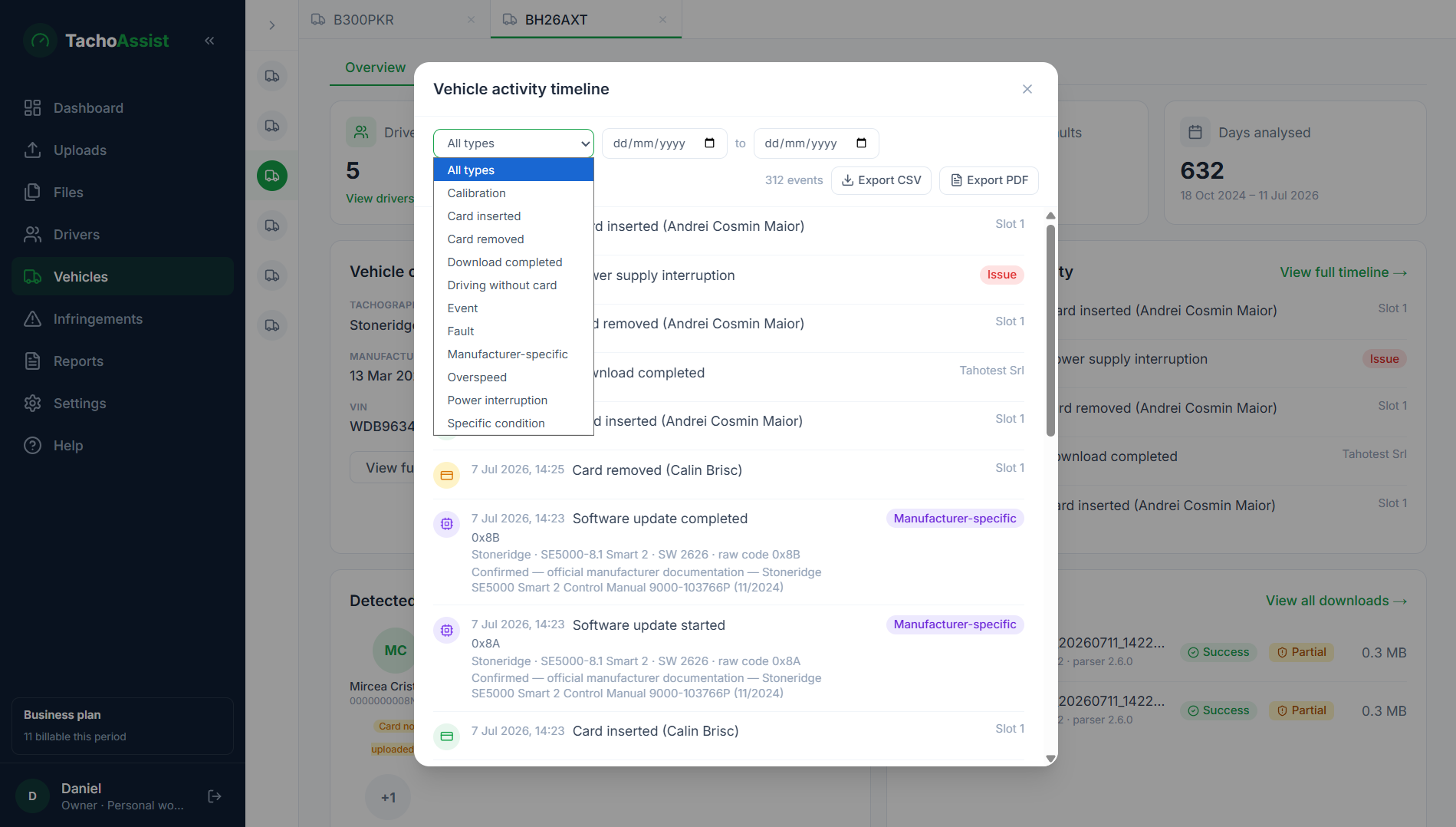 TachoAssist Vehicle Unit activity timeline with events, faults, downloads and manufacturer-specific records