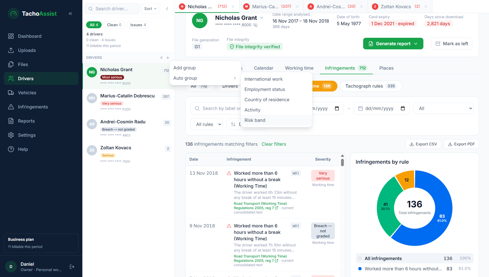 TachoAssist Working Time findings with severity, legal reference, driver grouping and rule breakdown
