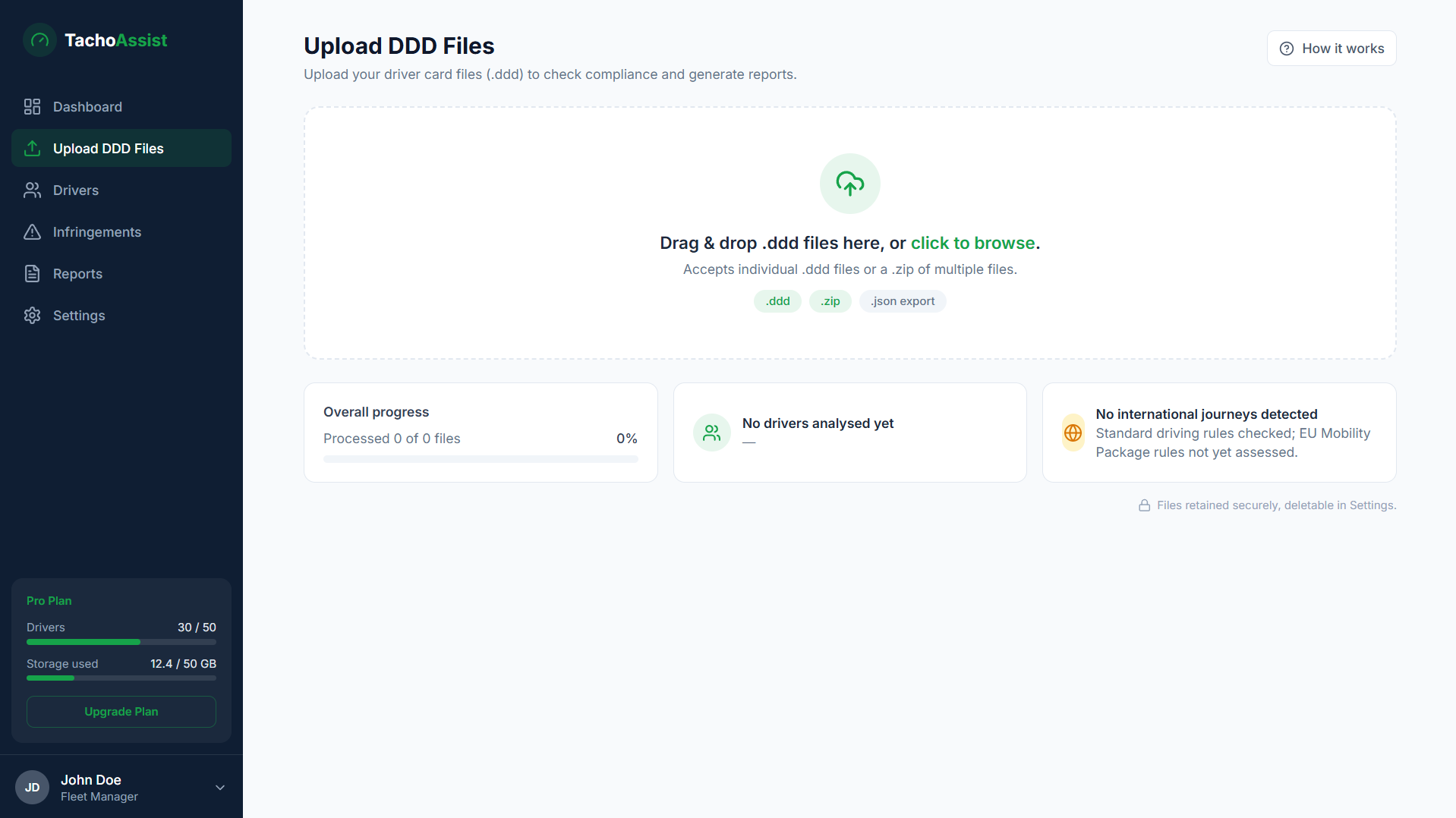 TachoAssist upload screen with drag and drop area for .DDD driver card files.