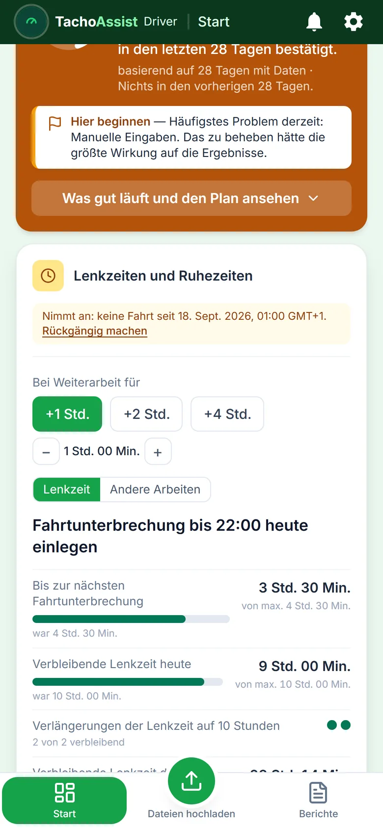 TachoAssist Driver auf einem Telefon: Zähler für Lenkzeiten und Ruhezeiten mit Schichtplaner und Zeitpunkt der nächsten Fahrtunterbrechung