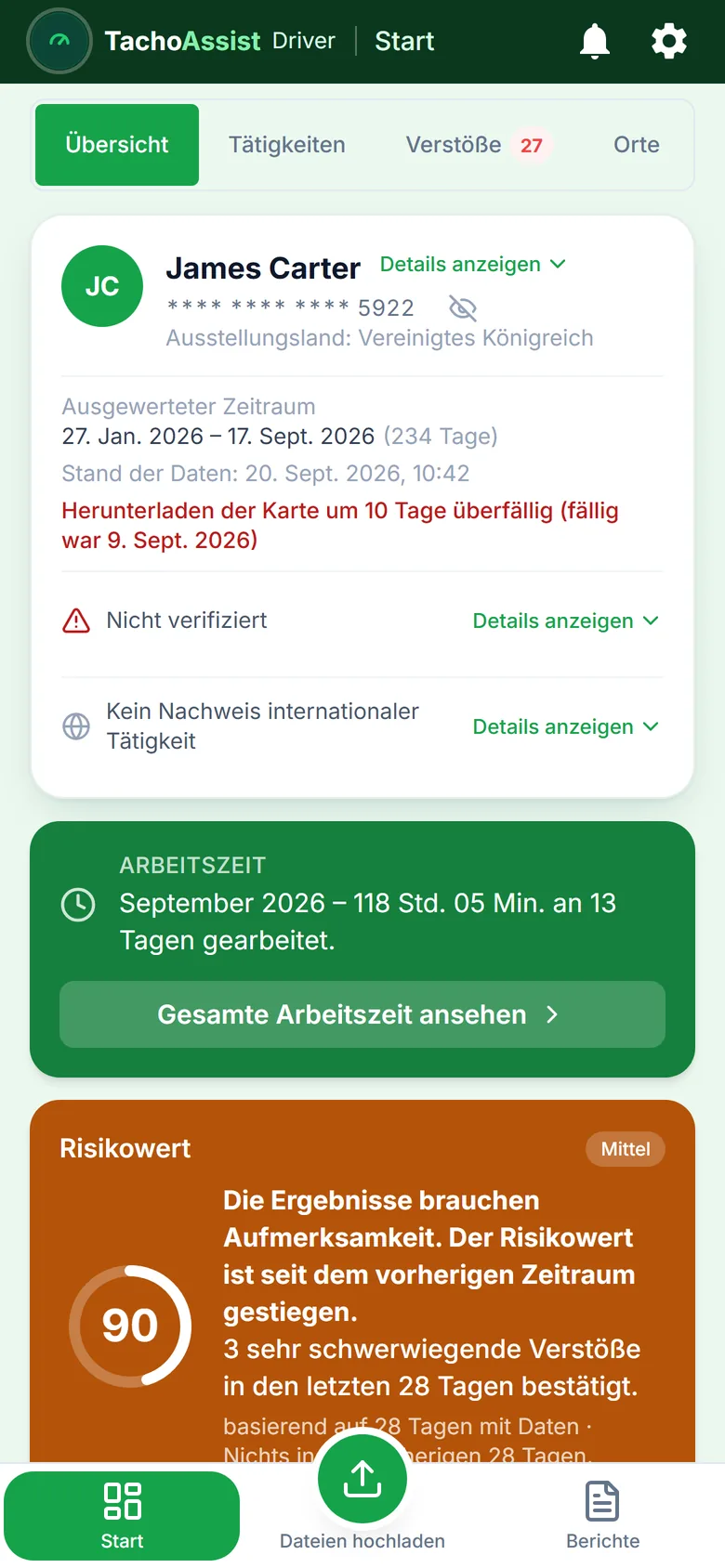 TachoAssist Driver auf dem Telefon: Arbeitszeitübersicht und Risikowert mit dem Hinweis &sbquo;Hier beginnen&lsquo;