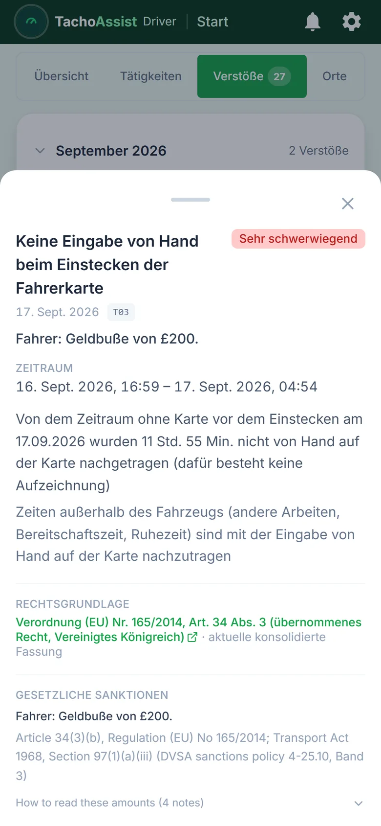 TachoAssist Driver auf einem Telefon: geöffneter Verstoß mit Schweregrad, Messwerten, Rechtsgrundlage und unverbindlicher Bußgeld-Einschätzung