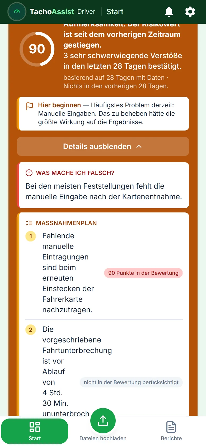 Risikowert in TachoAssist Driver auf einem Telefon: Probleme, nummerierter Aktionsplan mit den Punkten je Gewohnheit und positive Ergebnisse
