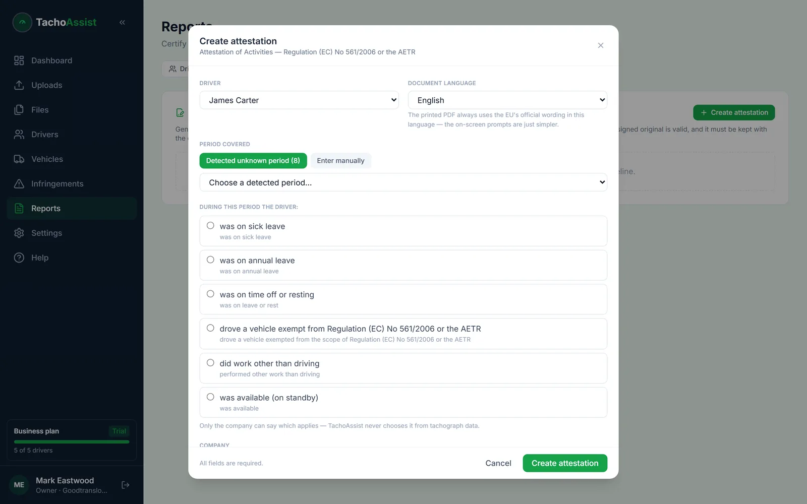 TachoAssist Attestation of Activities generator with detected unknown period and official activity reasons