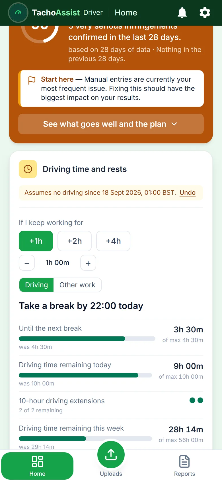 TachoAssist Driver op een telefoon: tellers voor rij- en rusttijden met dienstplanner en tijdstip van de volgende pauze