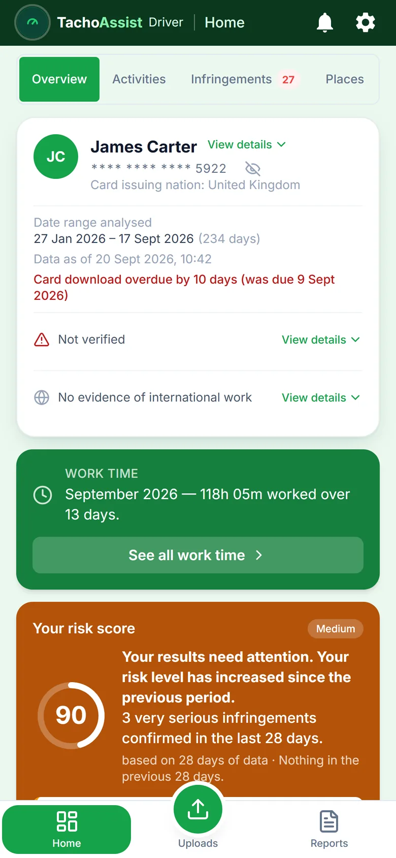 TachoAssist Driver op een telefoon: werktijdoverzicht en risicoscore met de tip ‘Begin hier’