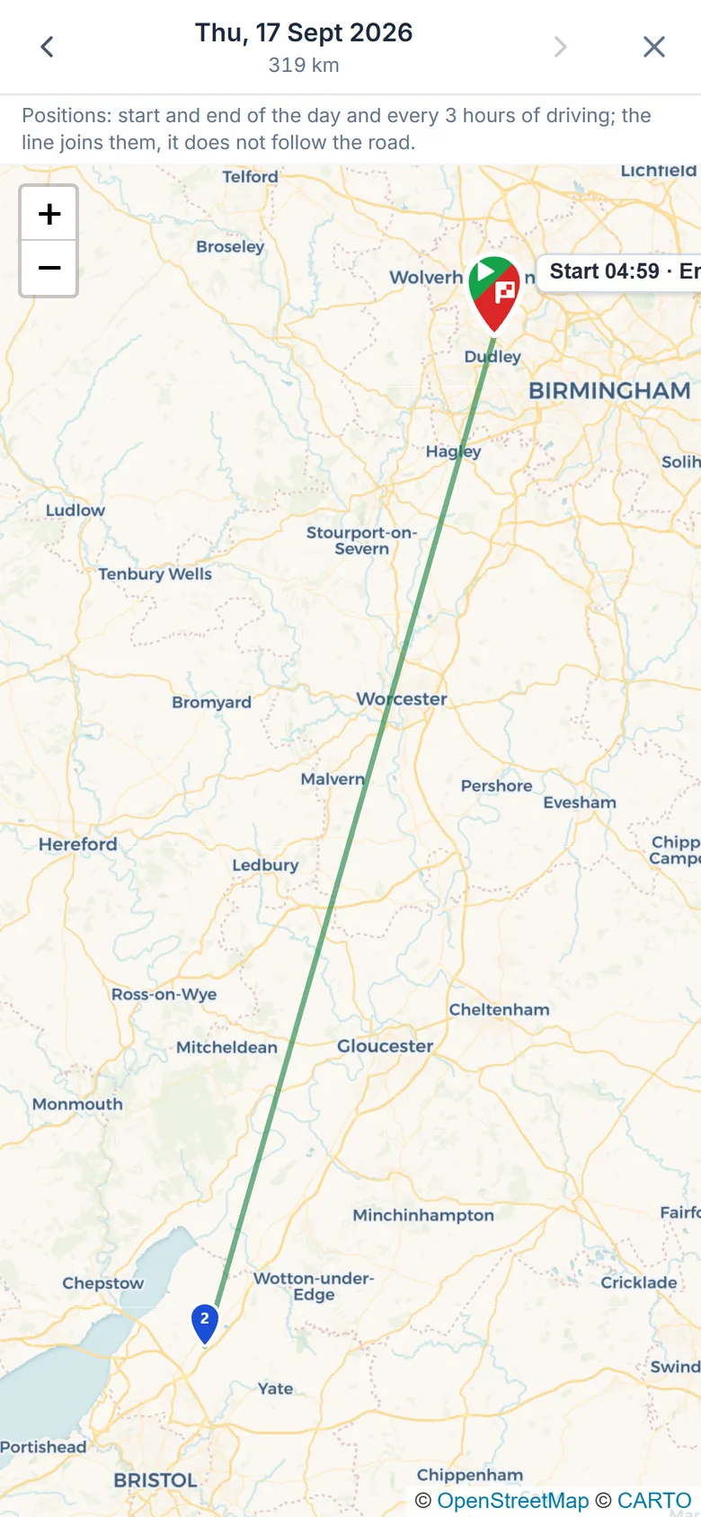 TachoAssist Driver on a phone: a day&rsquo;s route with start and finish positions and the distance driven