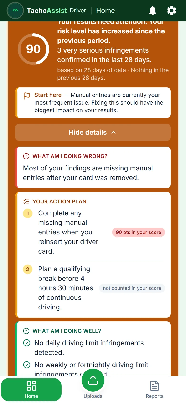 TachoAssist Driver on a phone: the risk score with an action plan ranked by the points each habit costs