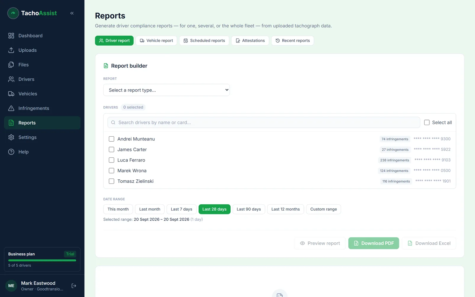 TachoAssist driver report builder with compliance, infringement, missing-data, fleet, WTD, border-crossing and return-home reports
