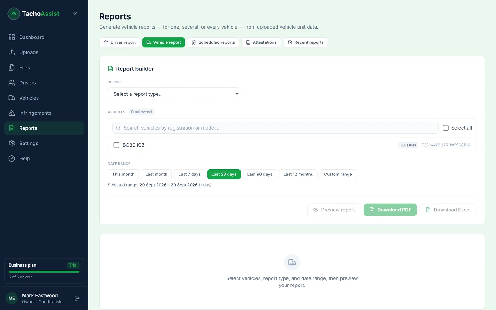 TachoAssist vehicle unit report builder with vehicle summary, activity, issues, download history and inspection reports