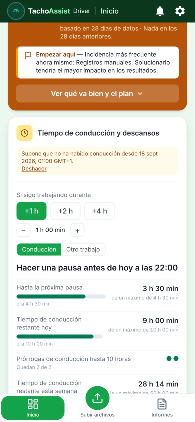 TachoAssist Driver en un teléfono: contadores de tiempos de conducción y descanso con el planificador del turno y la hora de la siguiente pausa