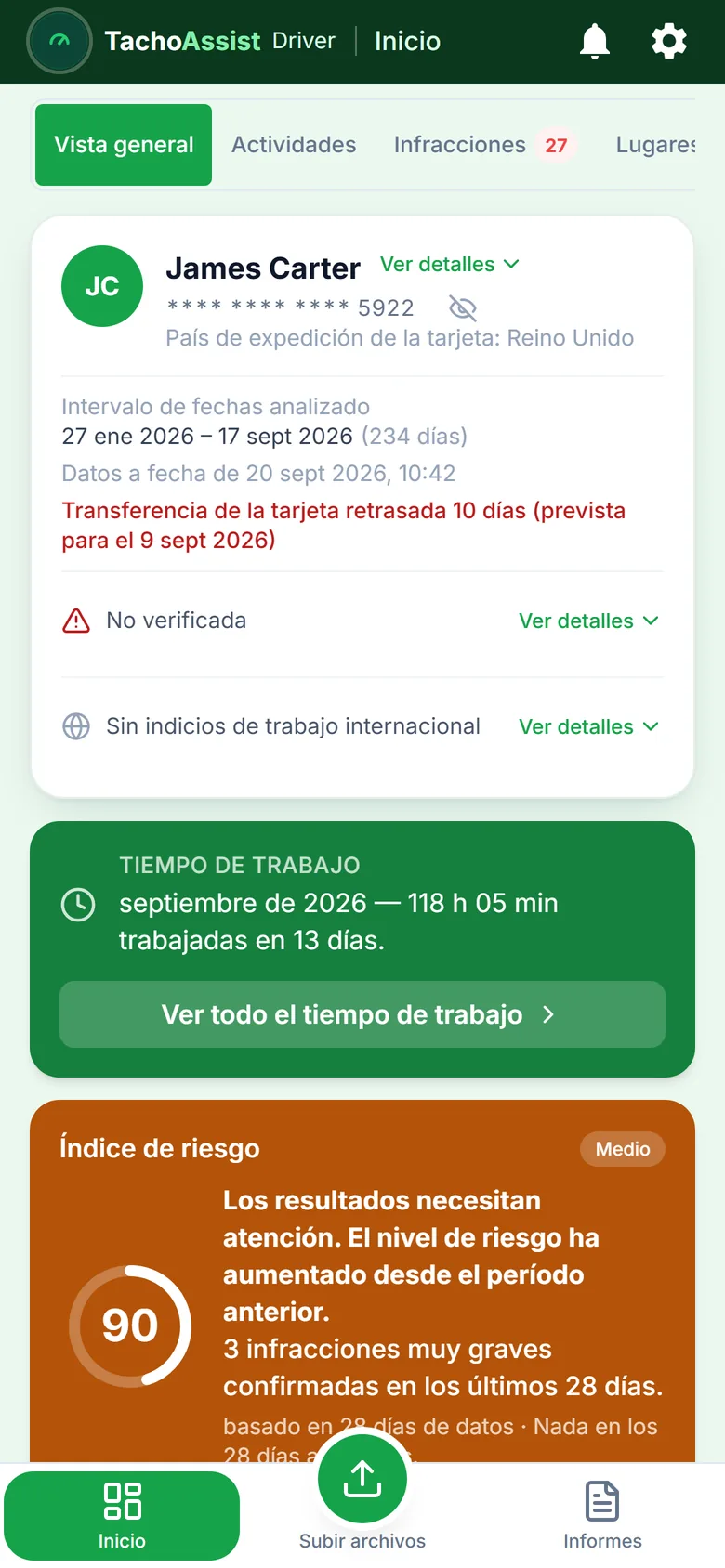 TachoAssist Driver en un teléfono: resumen del tiempo de trabajo e índice de riesgo con el consejo «Empieza aquí»