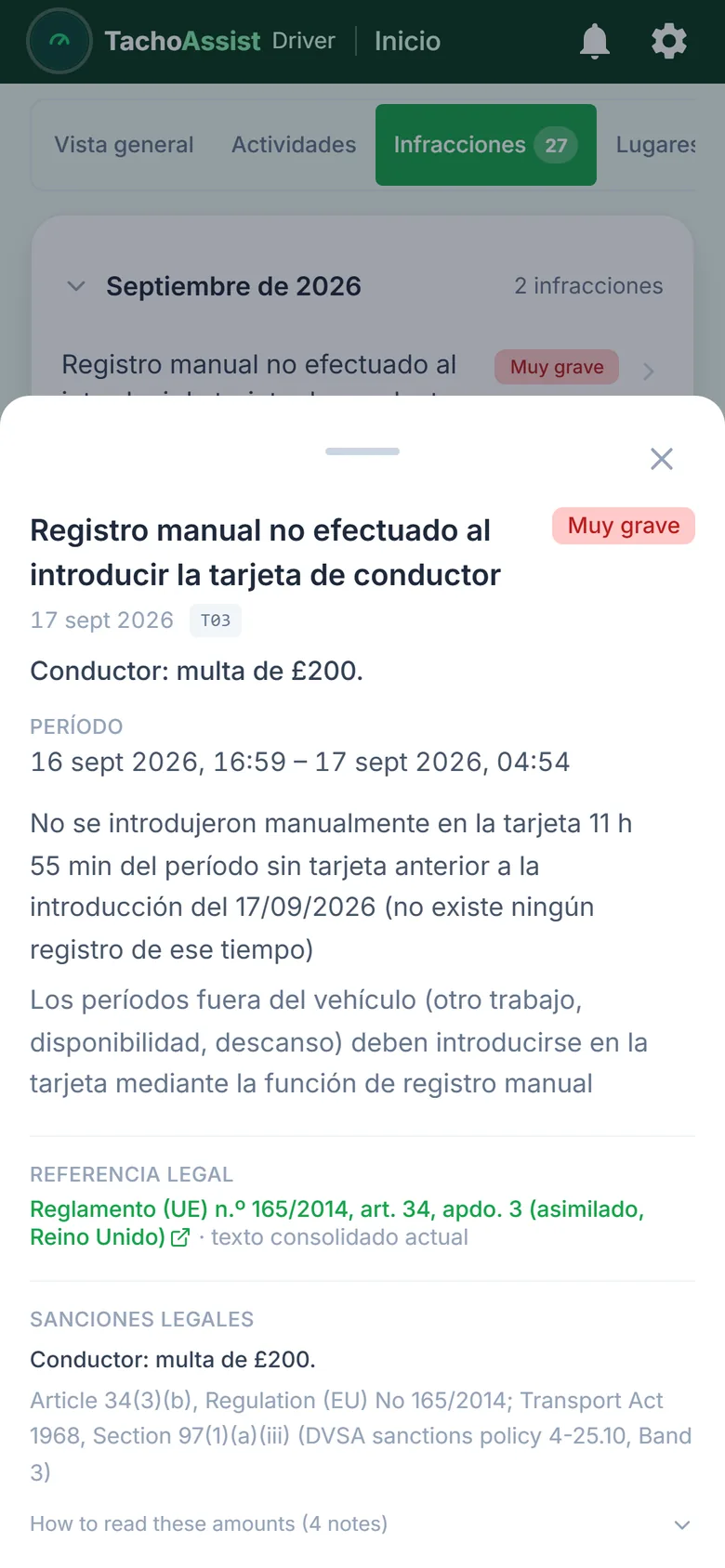 TachoAssist Driver en un teléfono: una infracción abierta con gravedad, valores medidos, referencia legal e importe estimado