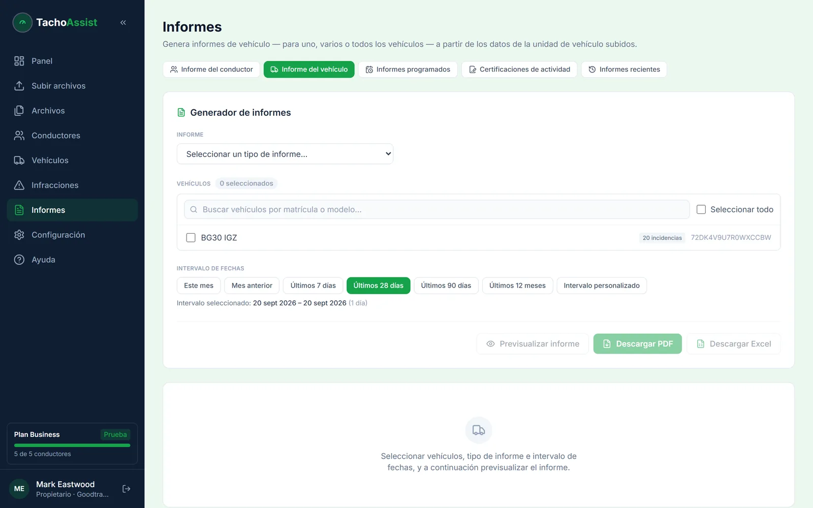 Generador de informes de vehículo de TachoAssist con resumen, cronología de actividad, incidencias, historial de descargas e inspección técnica