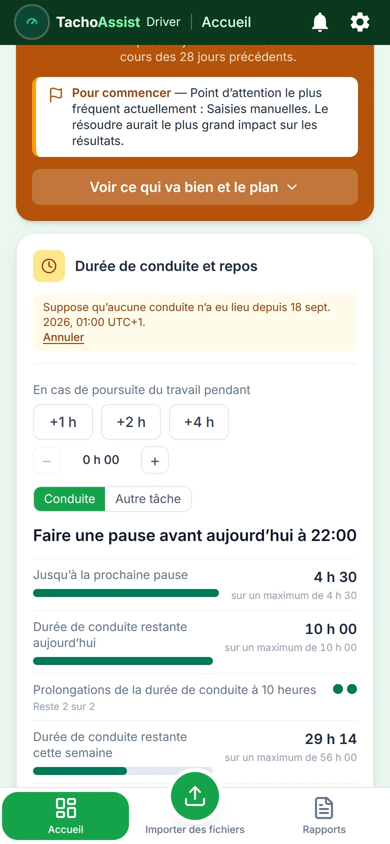 TachoAssist Driver sur téléphone : compteurs des temps de conduite et de repos, planificateur du service et heure de la prochaine pause