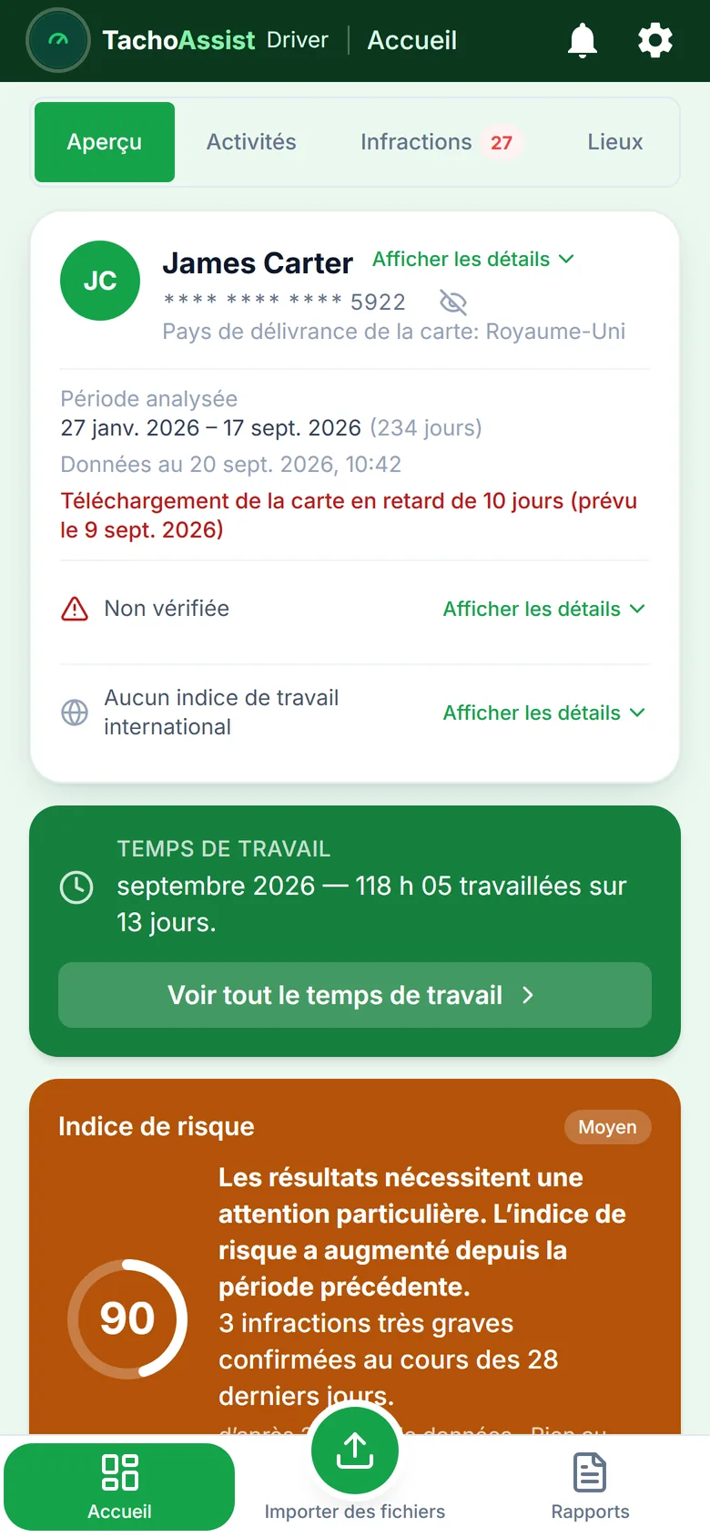 TachoAssist Driver sur téléphone : synthèse du temps de travail et indice de risque avec le conseil « Pour commencer »