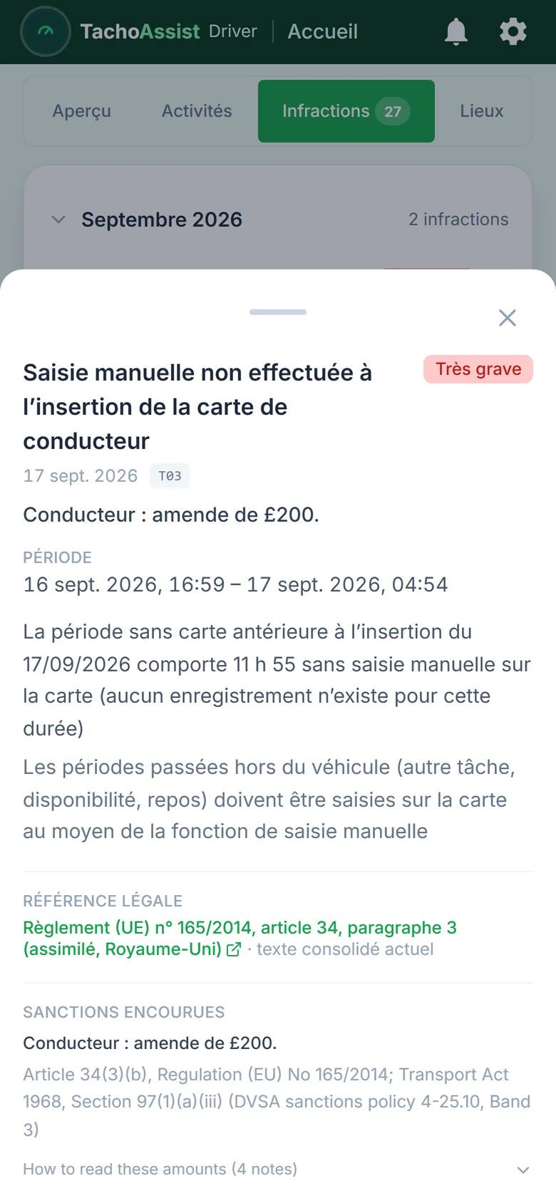TachoAssist Driver sur téléphone : une infraction ouverte avec gravité, valeurs mesurées, référence juridique et estimation indicative de l’amende