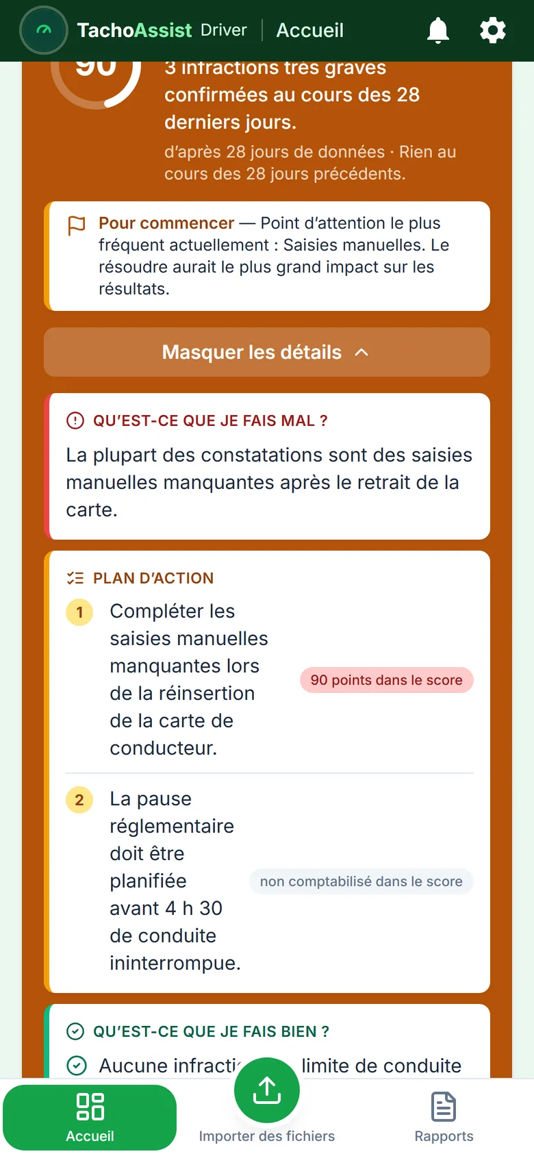 Indice de risque TachoAssist Driver ouvert sur téléphone : problèmes, plan d’action numéroté avec les points associés à chaque habitude et résultats positifs