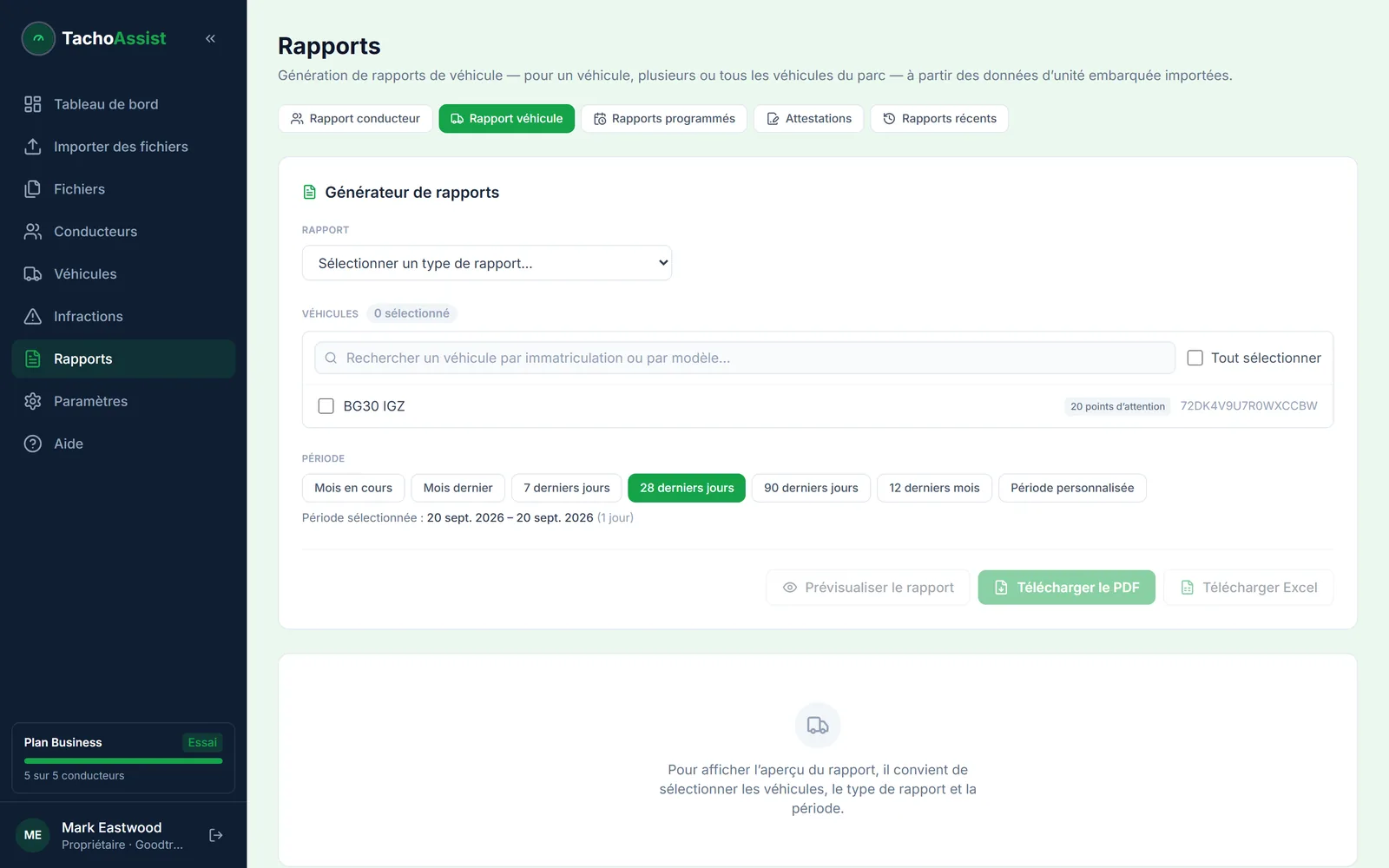 Générateur de rapports véhicule de TachoAssist : synthèse, activités, anomalies, historique des téléchargements et contrôle technique