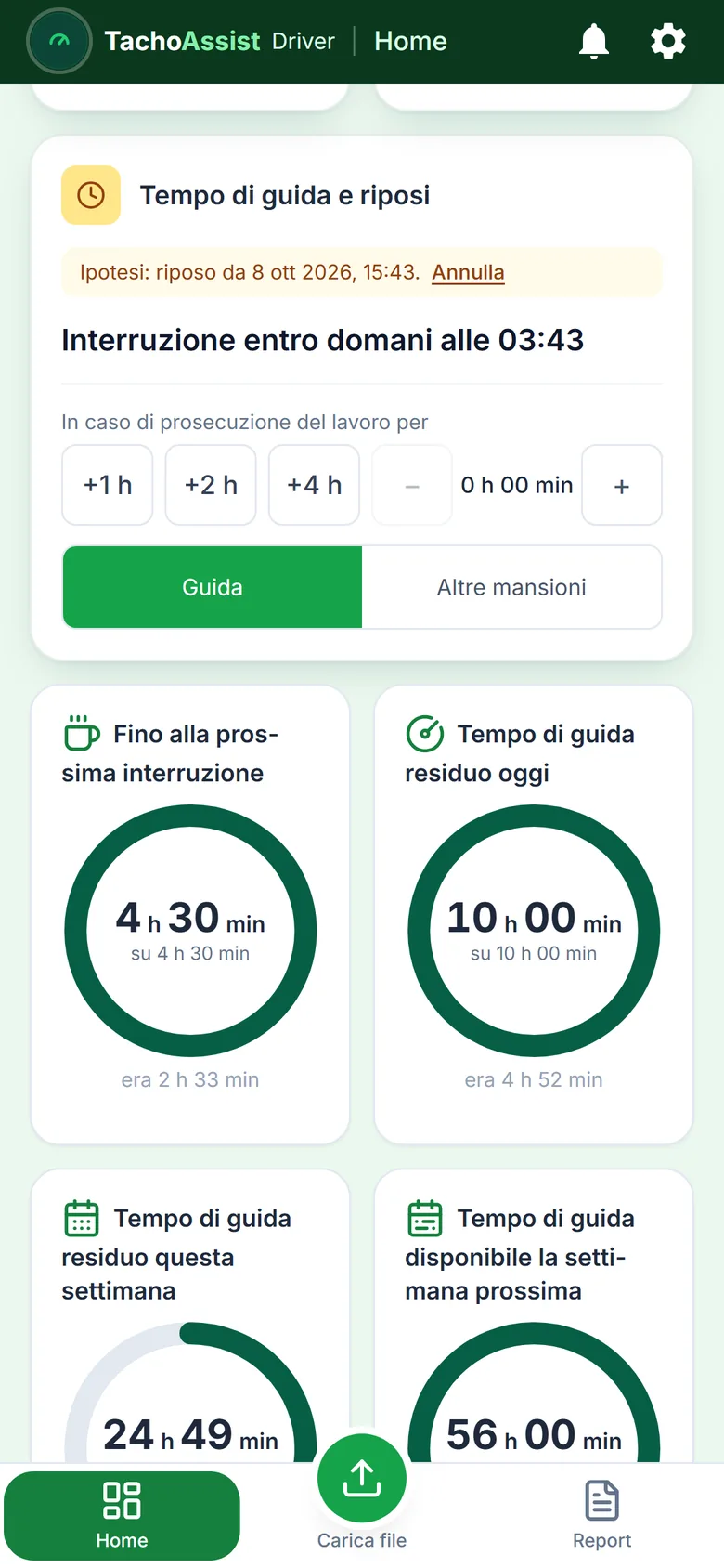 TachoAssist Driver sul telefono: contatori dei tempi di guida e di riposo, pianificatore del turno e ora della prossima interruzione