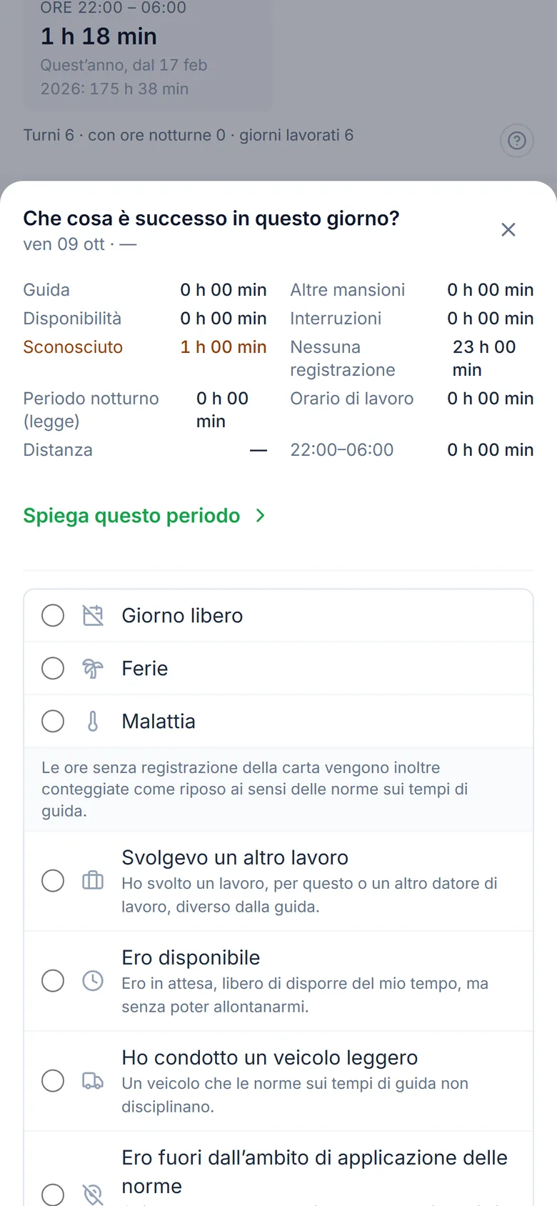 TachoAssist Driver sul telefono: spiegazione di un periodo non documentato come riposo, disponibilità, altro lavoro o attività fuori ambito, con una nota