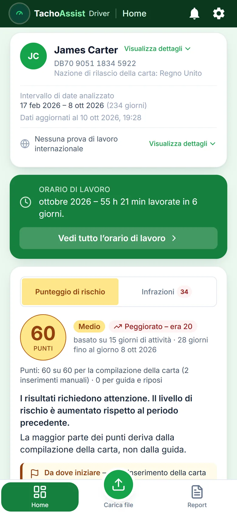 TachoAssist Driver sul telefono: riepilogo dell’orario di lavoro e punteggio di rischio con il consiglio «Da qui»