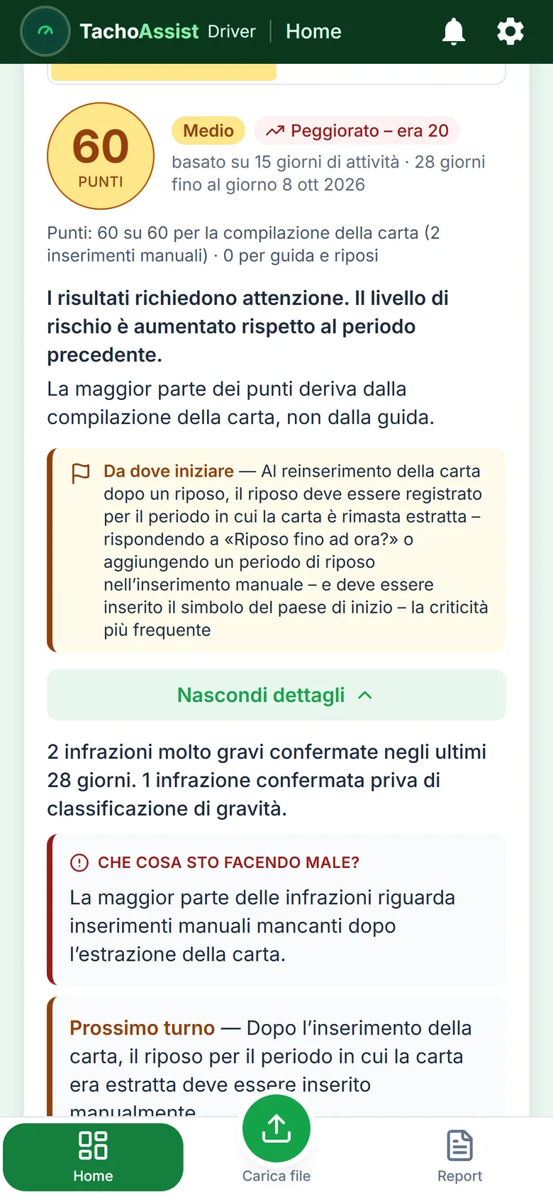 Punteggio di rischio di TachoAssist Driver aperto sul telefono: problemi, piano d’azione numerato con i punti associati a ogni abitudine e risultati positivi