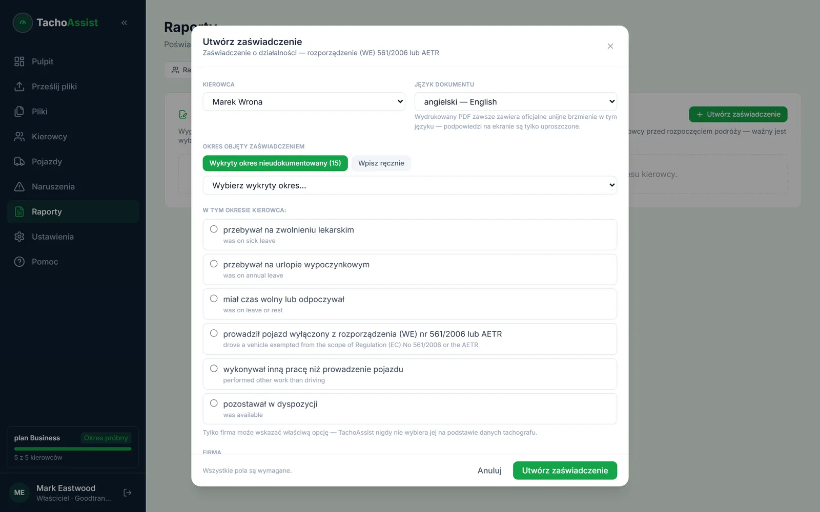 TachoAssist Business: formularz Zaświadczenia o działalności UE, gotowy do wypełnienia dla wybranego kierowcy