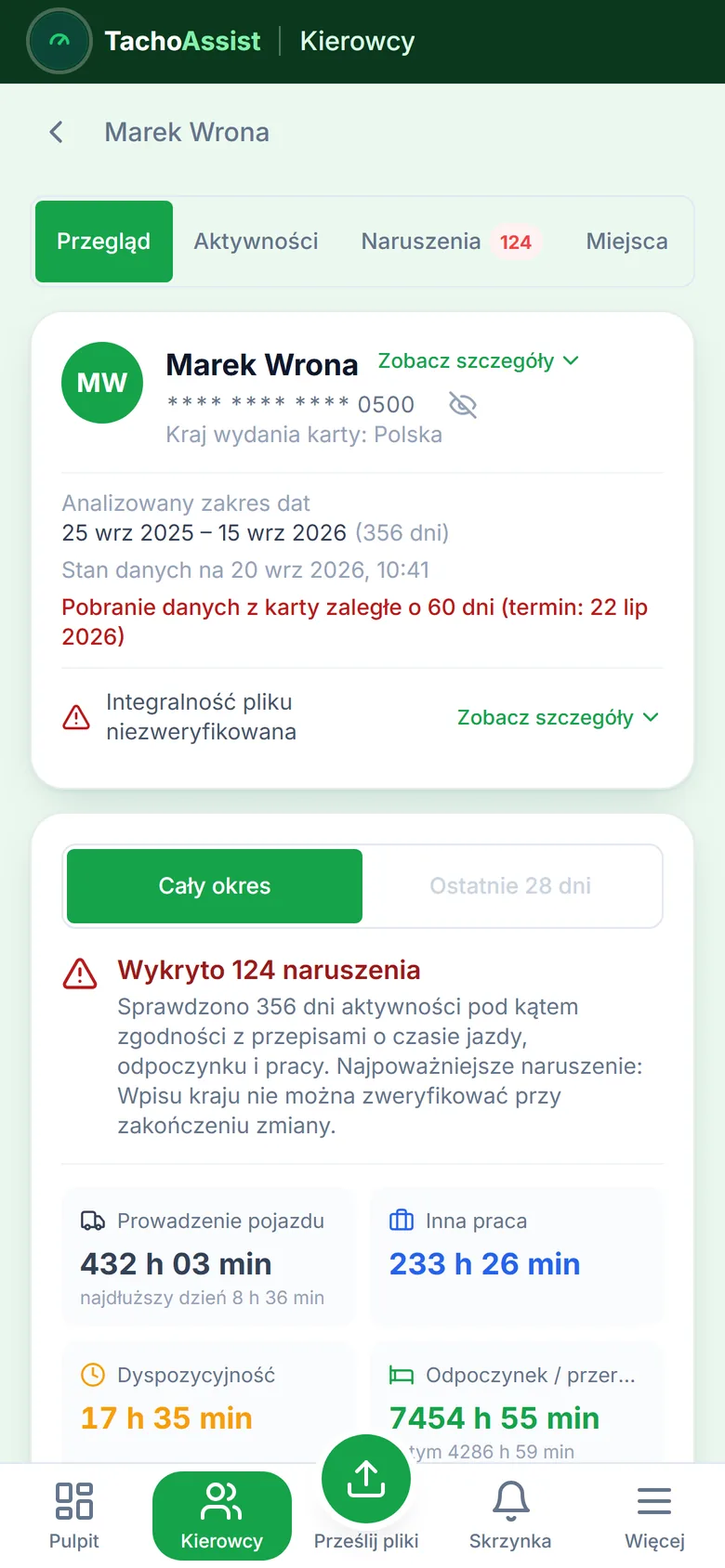 TachoAssist Business na telefonie: przegląd jednego kierowcy dla osoby zarządzającej flotą