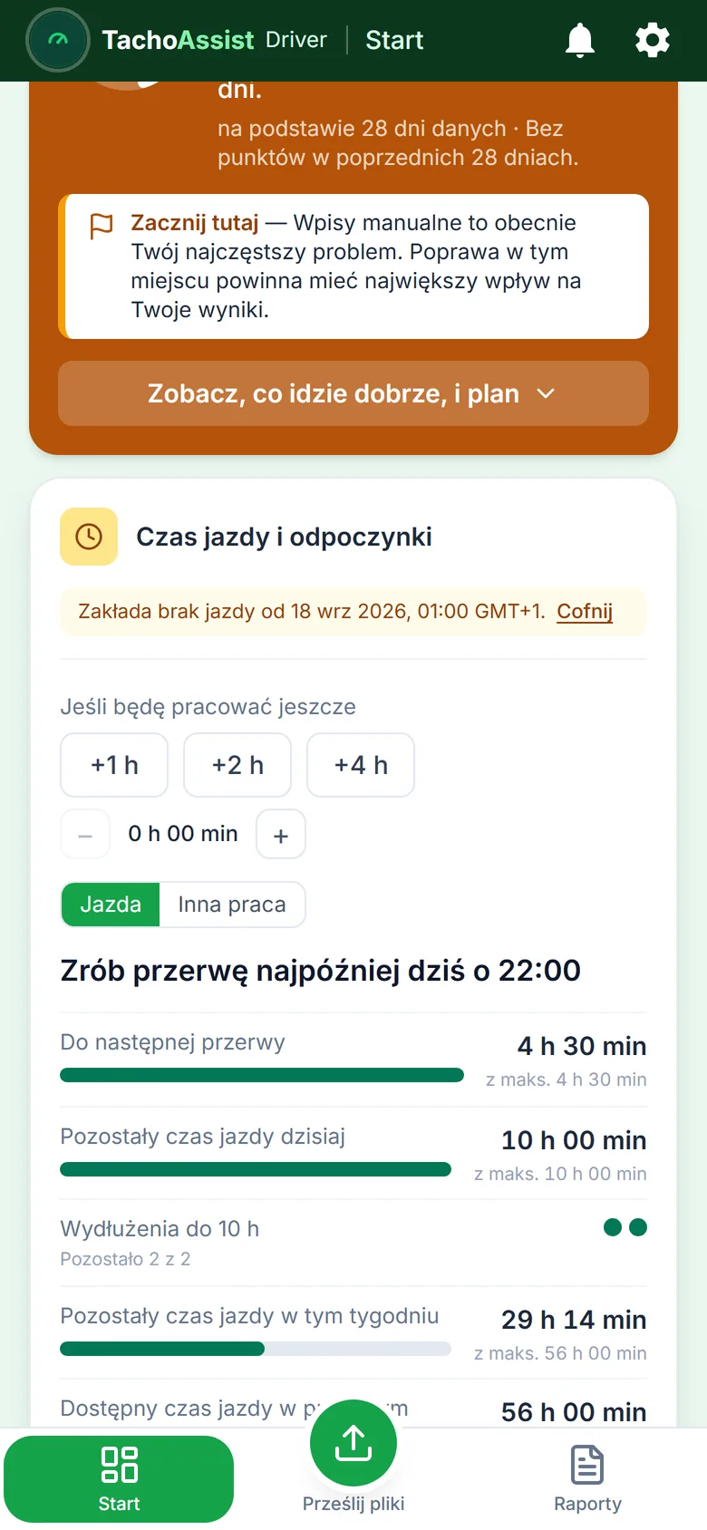TachoAssist Driver na telefonie: liczniki czasu jazdy i odpoczynków z planem zmiany i godziną następnej przerwy