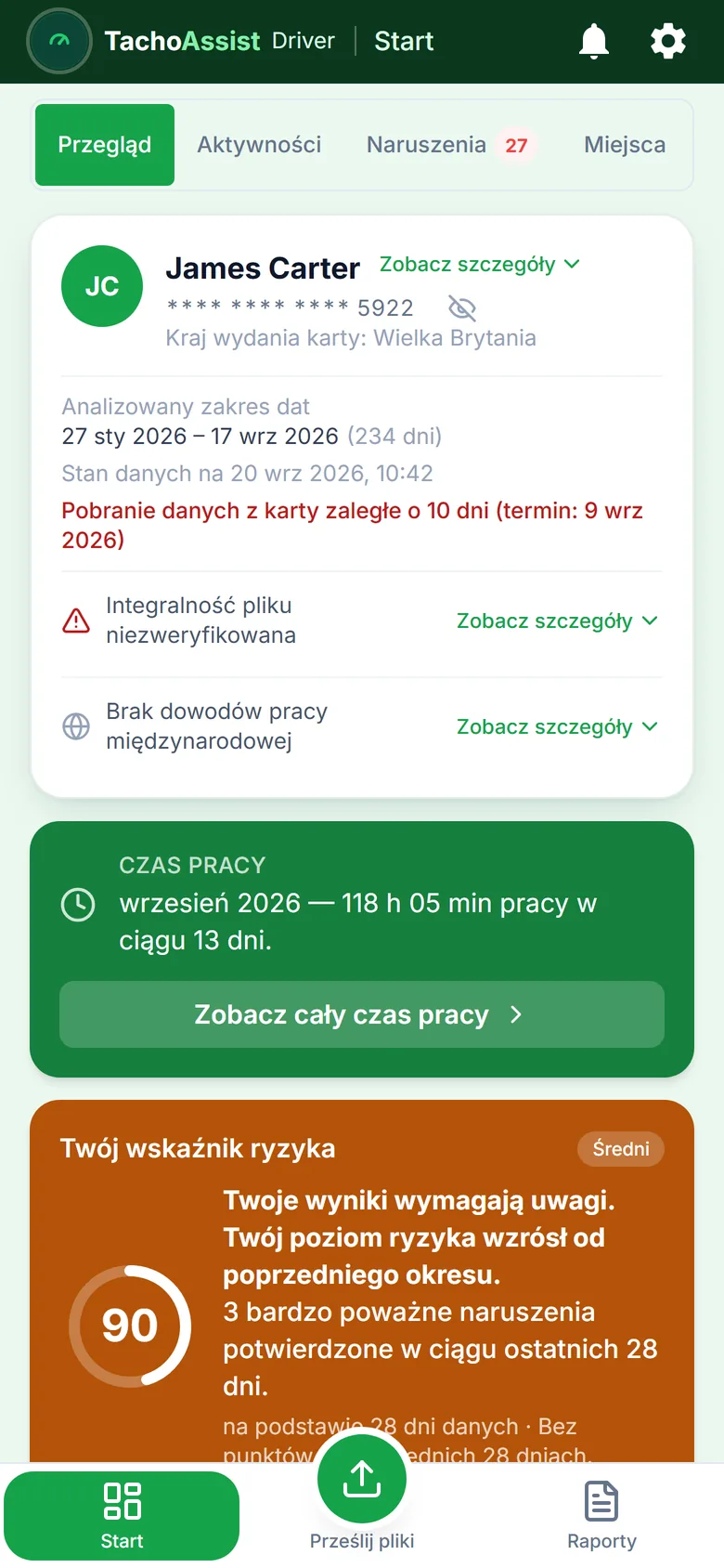 TachoAssist Driver na telefonie: podsumowanie czasu pracy i wynik ryzyka ze wskazówką „Zacznij tutaj”