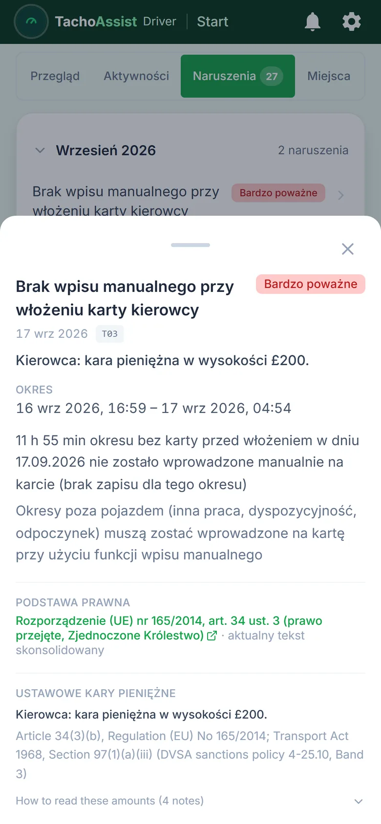 TachoAssist Driver na telefonie: otwarte naruszenie z wagą, zmierzonymi wartościami, podstawą prawną i orientacyjną karą