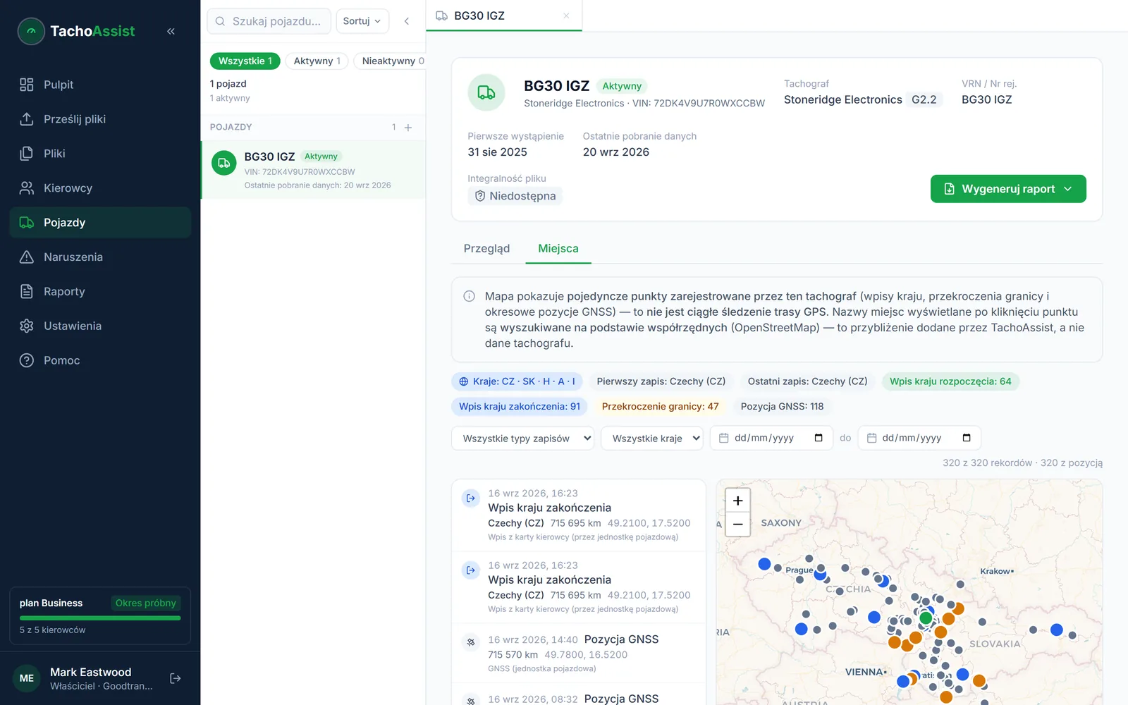 TachoAssist Business: zarejestrowane przekroczenia granic i pozycje GNSS pojazdu na mapie