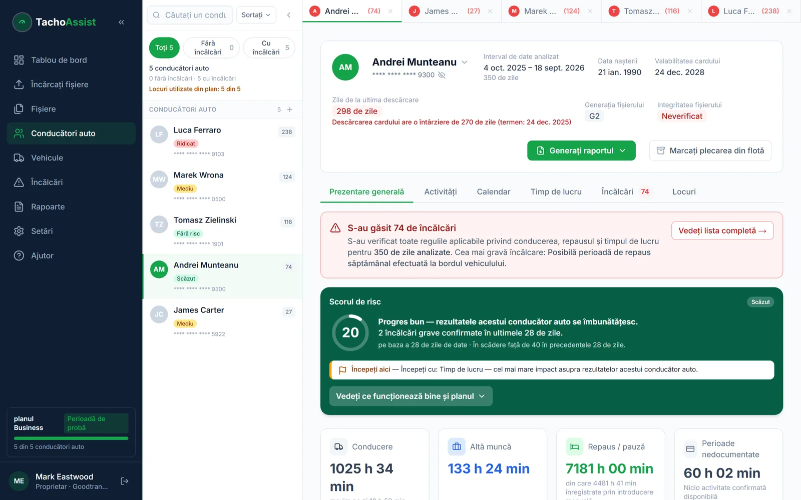 Analiza datelor de pe cardul de șofer, cu totaluri săptămânale și cronologia activității