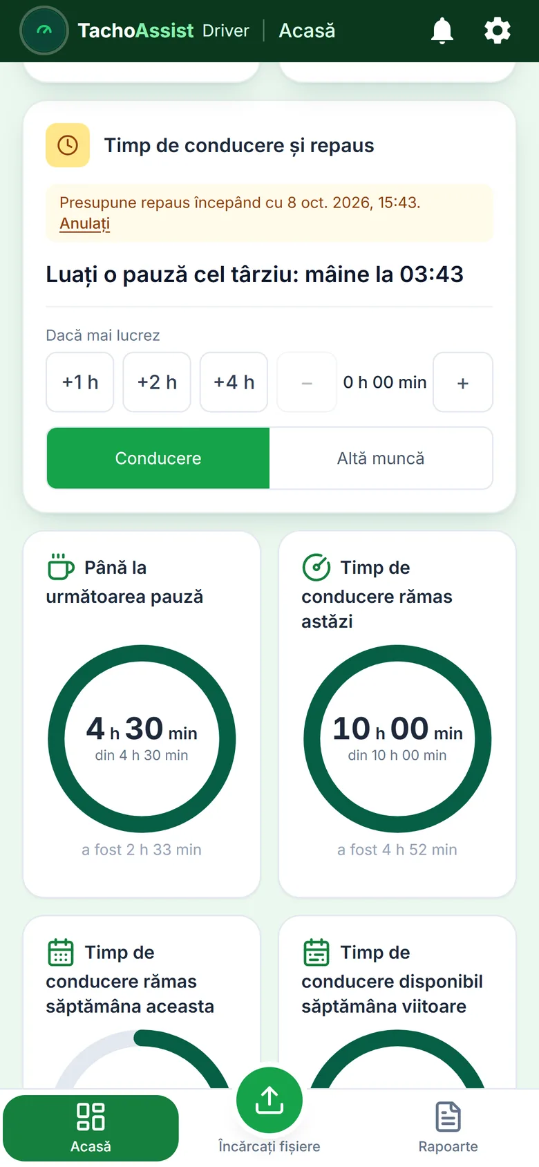 TachoAssist Driver pe telefon: contoare pentru timpul de conducere și repaus, planificatorul turei și ora următoarei pauze