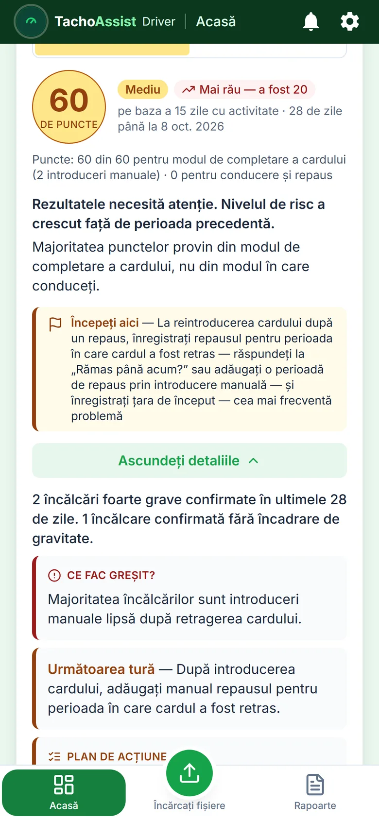 Scorul de risc din TachoAssist Driver deschis pe telefon: problemele, planul de acțiune numerotat cu punctele fiecărui obicei și rezultatele bune