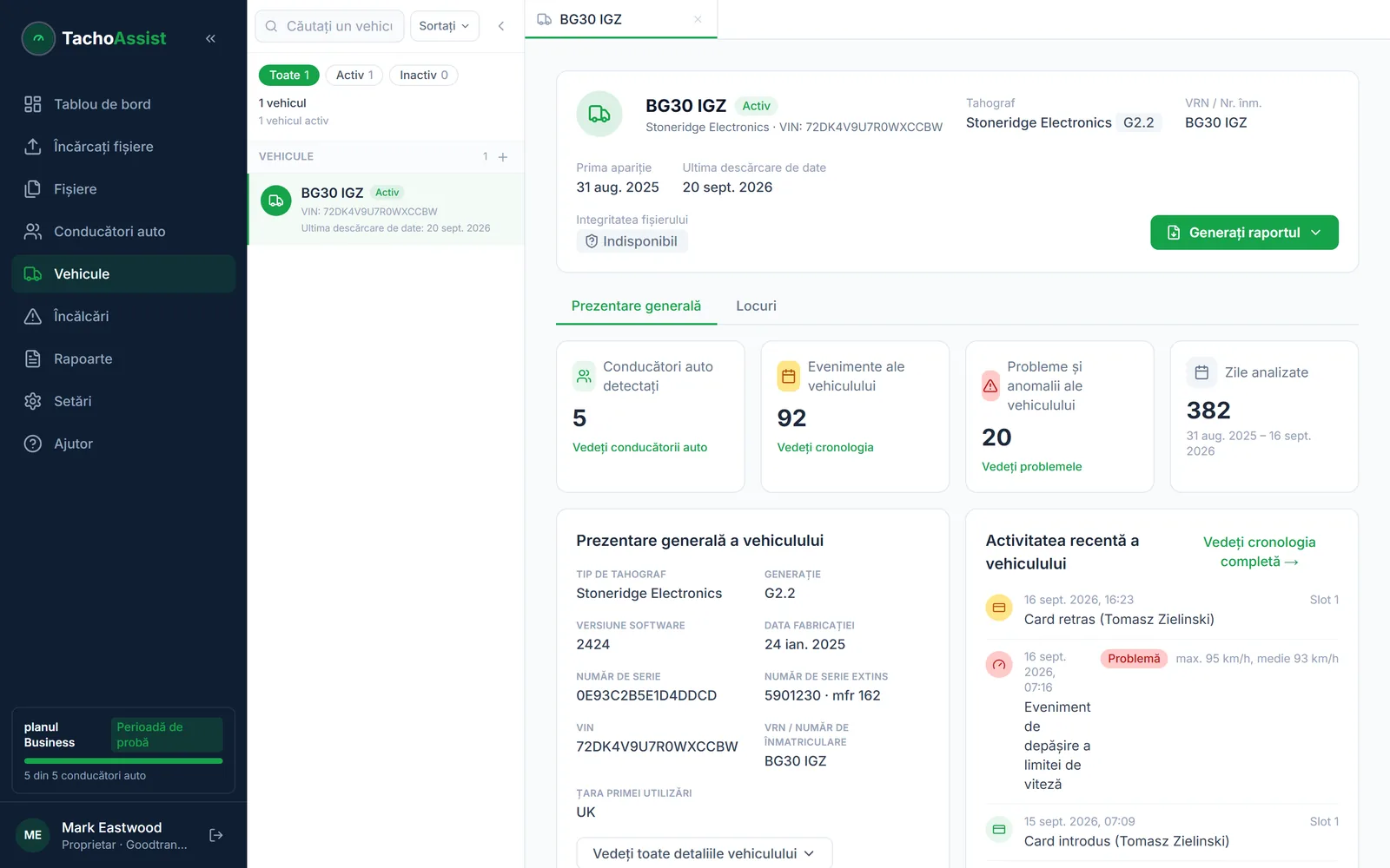 TachoAssist Business — vehicle overview