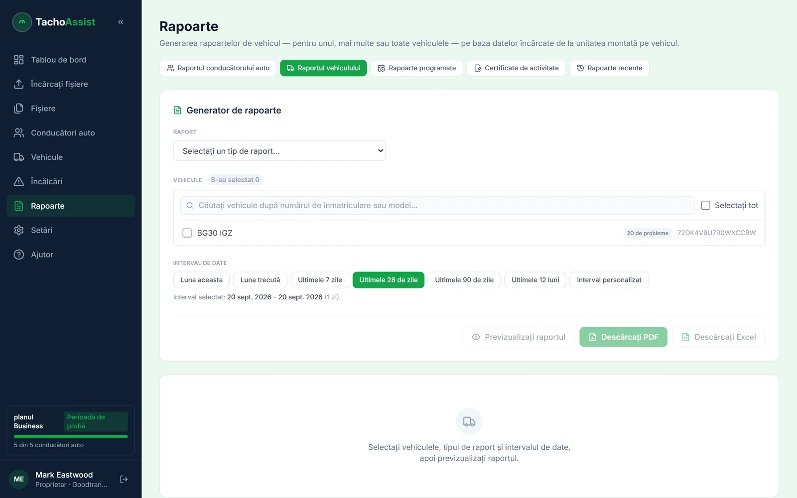 Generatorul de rapoarte de vehicul din TachoAssist, cu sinteză, activitate, probleme, istoricul descărcărilor și inspecția tehnică